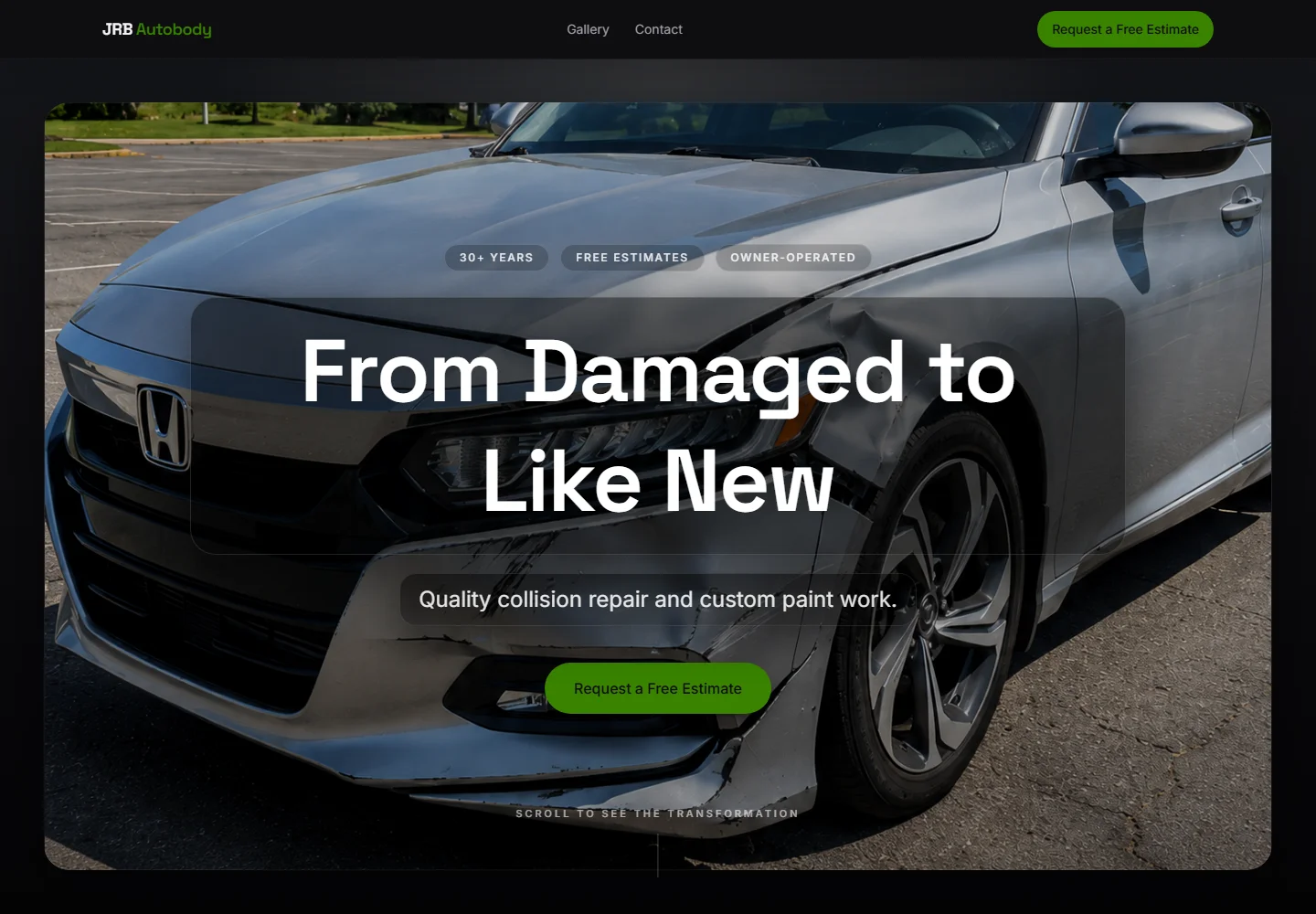 JRB Auto Body website showcasing collision repair and custom paint work