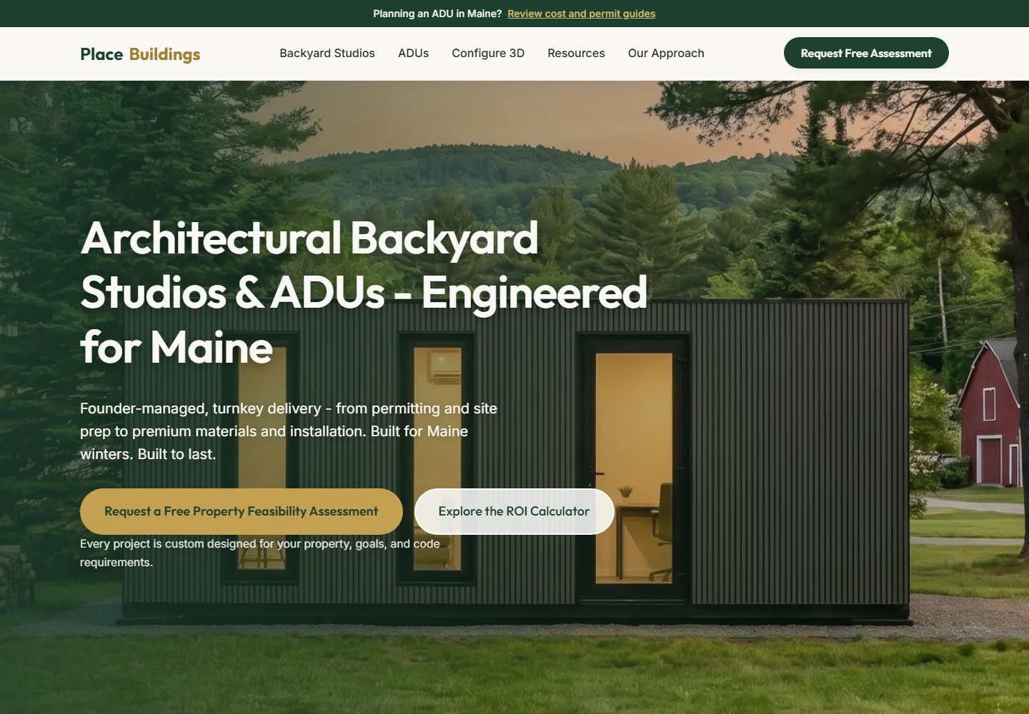 Place Buildings website presenting backyard studios and ADUs built in Maine